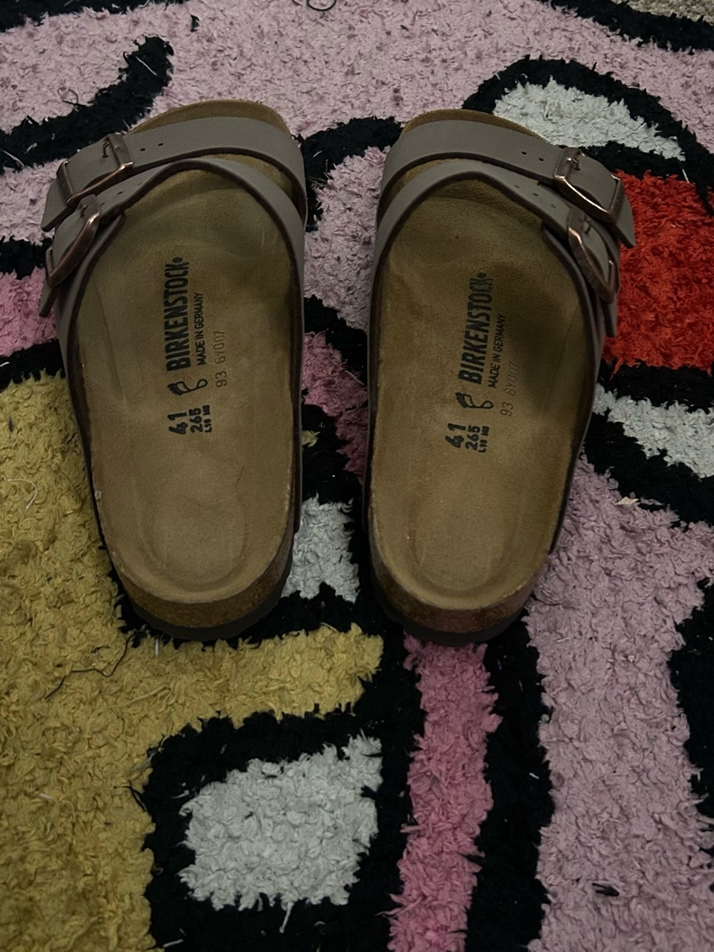 Birkenstock Arizona Mules in Light Taupe with Rose Gold Buckles